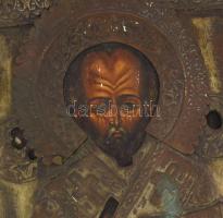 Ikon - Szent Miklós. Orosz, cca 19. sz. közepe, fa, sérült rézlemez oklád, vaslemez glóriával. Festé...