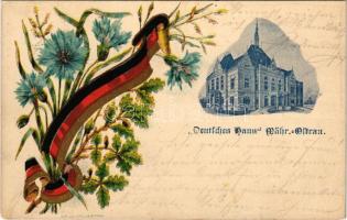 1900 Ostrava, Moravská Ostrava, Mährisch Ostrau; Deutsches Haus / German house. Jul. Kittl Art Nouveau, floral litho with German flag