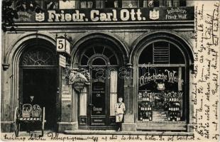 Hannover, Friedr. Carl Ott Weine aller Art in Flaschen und glasweise, Inhaber Fried. Wolf, Otto Eichenberg, Frau Schmidt. Theaterstrasse 5. / wine shop