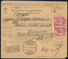 1916 Nemzetközi postautalvány Turul 2x10f bérmentesítéssel, "TOLNA" - "SARAJEVO"