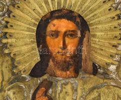 Ikon - Pantokrátor Krisztus. Orosz, 19/20. sz. fordulója, tojástempera, fa, eredetileg ezüstözött, k...