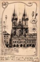 1901 Praha, Prag; Die Teinkirche. Em Altschul, Sklad Porcelanu, Sigm. J. Perutz, The Gresham / church, shops, hotel. F. J. Jedlicka. Art Nouveau floral