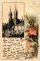 1903 Cheb, Eger; Katolische Kirche / church. Johannes Elchlepp. Art Nouveau montage with ladies, litho Emb. (EK)