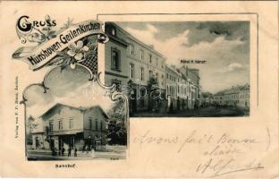 1898 (Vorläufer) Hünshoven-Geilenkirchen, Bahnhof, Hotel H. Harst / railway station, hotel. Art Nouveau, floral + "Holzminden-Aachen Bahnpost Zug 400"