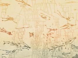 Olajos György (1953-): Úszótanfolyam csaliknak, 1979. Színes rézkarc, papír, jelzett, 2/35 számozáss...