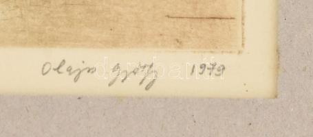 Olajos György (1953-): Úszótanfolyam csaliknak, 1979. Színes rézkarc, papír, jelzett, 2/35 számozáss...