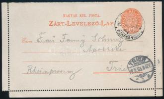 1895 5kr díjjegyes zárt levelezőlap millenniumi levélzáróval, "(BUDAPEST) / VIZIVÁROS 1. SZÁM" - "TRIER"