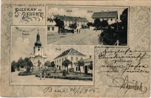 1902 Zehun, Pozdrav ze Zehune, Kostel, Skola, Mlyn, Fara / church, school, mill, parsonage. F. Králky. Art Nouveau (gyűrődések / creases)