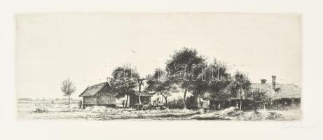 Boldizsár István (1897-1984): Tanya gémeskúttal. Rézkarc, papír, jelzett, 13x33,5 cm