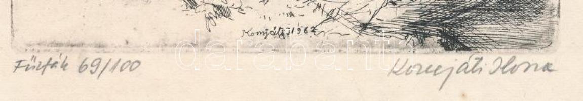 Komjáti Ilona (- 1998?): Fűzfák (legelésző ló), 1962. Rézkarc, papír, jelzett, számozott (69/100), 1...