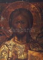 Ikon - Pantokrátor Krisztus három szenttel. cca 19. sz. közepe, orosz, tojástempera, fa, folttal, ki...