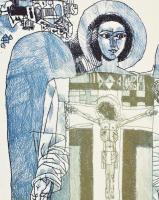 Würtz Ádám (1927-1994): Ikon angyalok I.. Színes rézkarc, papír, jelezve jobbra lent. Művészpéldány ...