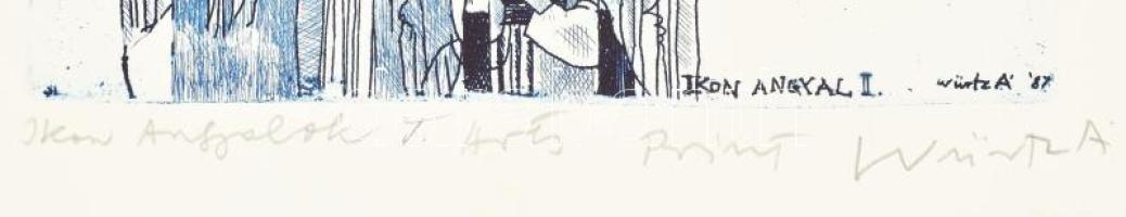 Würtz Ádám (1927-1994): Ikon angyalok I.. Színes rézkarc, papír, jelezve jobbra lent. Művészpéldány ...