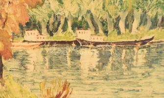 Csabai Wágner József (1888-1967): Uszályok a Bodrogon. Monotípia, papír, jelezve balra lent, hátolda...