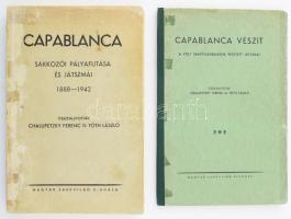 Chalupetzky Ferenc - Tóth László: Capablanca veszít. A volt sakkvilágbajnok játszmái. H.n., é.n., Magyar Sakkvilág. + Chalupetzky Ferenc - Tóth László: Capablanca sakkozói pályafutása és játszmái 1888-1942. H.n., 1943, Magyar Sakkvilág. Kiadói papírkötés, kopottas állapotban.