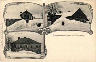 Príchovice, Przichowitz; Schneeverwehungen, Volksschule / school, villas at winter. Verlag Rob. Bartonitschek. Art Nouveau floral (kis szakadás / small tear)