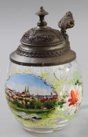 Antik cseh ónfedeles söröskorsó, városkép díszítéssel, m: 16 cm