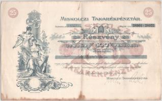 Miskolc 1943. "Miskolczi Takarékpénztár" 25 részvénye egyben, összesen 500P-ről szelvényekkel T:F foltos, kis szakadás