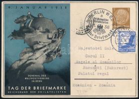 Deutsches Reich 1938 Díjkiegészített levelezőlap II. Károly román királynak címezve, a bukaresti királyi palotába küldve, "BERLIN"