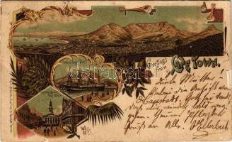 1898 (Vorläufer) Cape Town, St. George's Street, Post Office, Docks and Signal Hill. I. C. Hubrich Art Nouveau, floral, litho (12,1 x 7,5 cm) (tears)