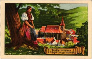 Brassó, Kronstadt, Brasov; Fekete templom a Cenk hegy lábánál. Kiadja a Székely Egyetemi és Főiskolai Hallgatók Egyesülete / Biserica Neagra, Tampa / Hungarian irredenta propaganda art postcard, Lutheran church, mountain s: Gebhardt - képeslapfüzetből / from postcard booklet (fl)