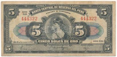 Peru 1941. 5S &quot;D20 444322&quot; T:F Peru 1941. 5 Soles &quot;D20 444322&quot; C:F Krause 66.