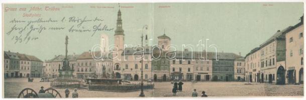 1900 Moravská Trebová, Mährisch Trübau; Stadtplatz, Marien-Säule, Kaiser Franz-Josef-Brunnen, Rathhausthurm, Glockenthurm, Hotel Knorr. Marie Werner / square, Marian column, Franz Josef fountain, town hall tower, bell tower, Hotel Knorr, shops / 2-tiled folding panoramacard