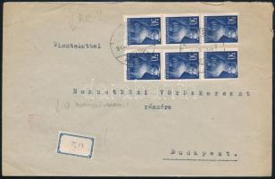 1945 (1. díjszabás) Ajánlott levél 6 db Nagyasszonyok bélyeggel Hódmezővásárhelyről Budapestre küldve, szükség ragjeggyel / Registered domestic cover with auxiliary label