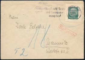 1941 Levélen díjjegyes kivágás szabálytalanul, utólag portózva / Cover with PS-cutting irregularly, with postage due, from Dresden to Chemnitz