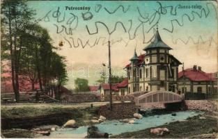 1915 Petrozsény, Petrosani; Janza telep, Weinberger Bernát és Roth Béla üzlete, híd. Muntyán Tivadar kiadása / street view, shops, bridge (Rb)