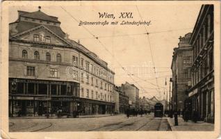 1918 Wien, Vienna, Bécs XXI. Brünnerstrasse mit Lehndorfer-Hof, Kleider Etablissement Heinrich Sinai / street, tram, shop (Rb)