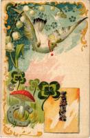 Szecessziós üdvözlőlap gombával, lóherével és patkóval / Art Nouveau floral litho greeting with clover, horseshoe and mushroom (EK)