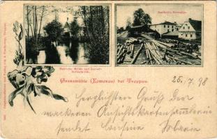 1898 (Vorläufer) Opava, Troppau; Grenzmühle, Hell'sche Mühle und Liebel's Seifenfabrik, Jaschek's Brettsäge / soap factory, saw mill. Verlag von A. Prachowny. Art Nouveau floral (EK)