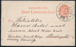 1897 Díjjegyes zárt levelezőlap "SZEGED-ARAD" mozgóposta bélyegzéssel / PS-cover card with railway postmark