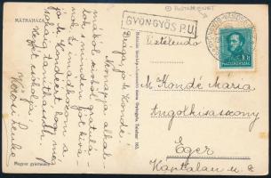 1934 Képeslap GYÖNGYÖS-VÁMOSGYÖRK / POSTAMENET + GYÖNGYÖS P.U. / Postcard with railway postmarks