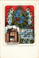 Montevideo, Spanisches Thor, Republica Oriental del Uruguay. Paul Kohl No. 74. / Spanish gate. Art Nouveau litho with coat of arms and flag (Rb)