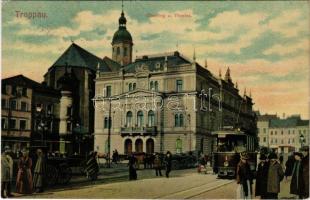 1906 Opava, Troppau; Oberring u. Theater / street view, theater, tram, horse-drawn carriages. Mehner & Maas