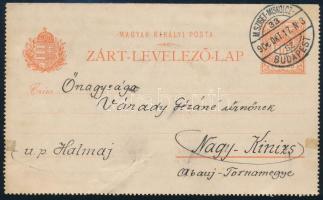 1903 Díjjegyes zárt levelezőlap "M. SZIGET-MISKOLCZ / BUDAPEST" mozgóposta bélyegzéssel / PS-cover card with railway postmark