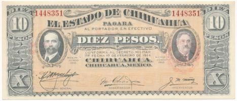 Mexikó / Forradalom / Chihuahua 1915. 10P &quot;N&quot; sorozat, hátoldalán piros karélyos felülbélyegzéssel és dátummal T:AU Mexico / Revolution / Chihuahua 1915. 10 Pesos &quot;N&quot; serie with red scalloped overprint and date on back C:AU Krause P#S535