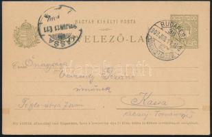 1908 Díjjegyes levelezőlap BUDAPEST / MISKOLCZ-LAWOCZNE mozgóposta bélyegzéssel / Postcard with railway postmark