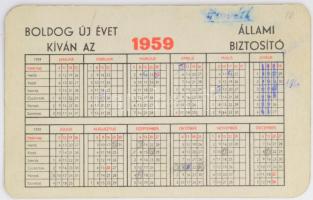1959 Állami Biztosító kártyanaptár, folttal, firkával