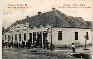 Veselí nad Moravou, Wessely an der March; Smisene á Strizne Zbozi, Gemischt u. Schnittwaren-Haus S. Strakos / S. Trakos shop (gyűrődések / creases)