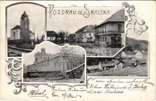 1901 Skalsko (Mladá Boleslav), Zámek, Kostel, Horejsi Skalsko (sever), Nádrazi / castle at winter, church, street view, railway station. Art Nouveau