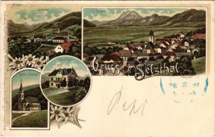 1897 (Vorläufer!) Selzthal (Steiermark), Kirche, Hotel Huber, Liezen / church, hotel, general view. Hans Nachbargauer, Druck u. Verlag v. Regel & Krug Art Nouveau, floral, litho (EK)