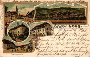 1898 (Vorläufer) Gnas (Steiermark), Hauptplatz, Schloss Pappendorf, Feldbacherstrasse / main square, castle, street view. Druck u. Verlag v. Regel & Krug Art Nouveau, floral, litho (EK)