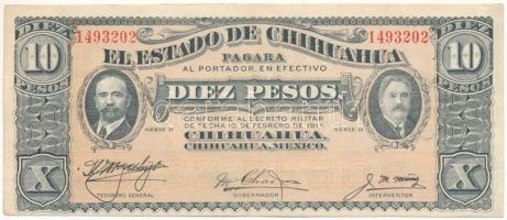 Mexikó / Forradalom / Chihuahua 1914. 10P &quot;D&quot; sorozat, hátoldalán fekete karélyos felülbélyegzéssel T:F szép papír Mexico / Revolution / Chihuahua 1914. 10 Pesos &quot;D&quot; serie with black scalloped overprint on back C:F fine paper Krause P#S533