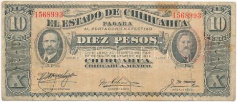 Mexikó / Forradalom / Chihuahua 1914. 10P "D" sorozat, hátoldalán piros karélyos felülbélyegzéssel T:VG folt Mexico / Revolution / Chihuahua 1914. 10 Pesos "D" serie with red scalloped overprint on back C:VG spot Krause P#S533