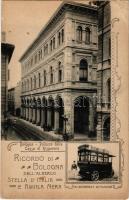 Bologna, Ricordo di Bologna dall'Albergo Stella d'Italia e Aquila Nera. Palazzo della Cassa di Risparmio, Un automobile dell'Albergo / hotel advertisement with automobile. Art Nouveau (EK)