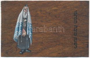 Rabbi, héber újévi üdvözlet. Kézzel rajzolt és festett egyedi lap fakéregből / Rabbi, Hebrew New Year greeting. Custom made hand-drawn and hand-painted wooden card made out of tree bark. Judaica