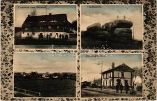 Visnová, Weigsdorf; Priedlanz (Predlánce) bei Friedland (Frydlant), Gasthaus zum Bahnhof, Haidenstein, Stationsgebäude / hotel, inn, viewpoint, railway station. Art Nouveau floral frame